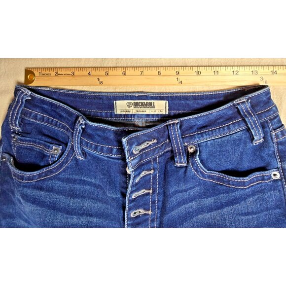 Rock & Roll Denim High Rise Trouser Flare Jeans Womens 27x34 Button Fly Stretch - Picture 12 of 16